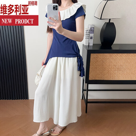 Victoria's style, salty and sweet, and beautiful summer ruffled top + skirt and pants suit, a full set of blue top + apricot skirt S
