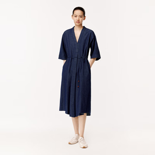LESS [Xun Series] kimono dress for women with loose short-sleeved V-neck denim skirt 2O4G13820 993 denim deep blue XS
