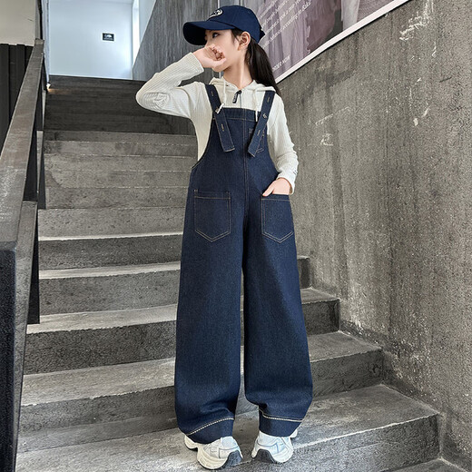 Girls' Denim Overalls Suit Spring and Autumn 2025 New Korean Style Solid Color Straight Pants Medium and Large Children's Bottoming Hoodie Solid Color Denim Overalls 150 (recommended within 140)