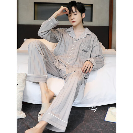 莫代尔2025新款男士睡衣秋季纯棉长袖长裤春秋款休闲男款大码家居服套装 深蓝色长袖开衫-WRQS9928 L 男[建议100-130斤]