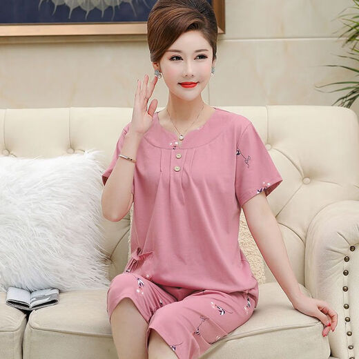Pajama madre de mediana edad para mujeres en verano algodón puro pantalones cortados de manga corta más grasa más ropa de gran tamaño para el hogar Traje de mediana edad y ancianos T3937 2XL (135-155Jin [Jin equivale a 0.5 kg])