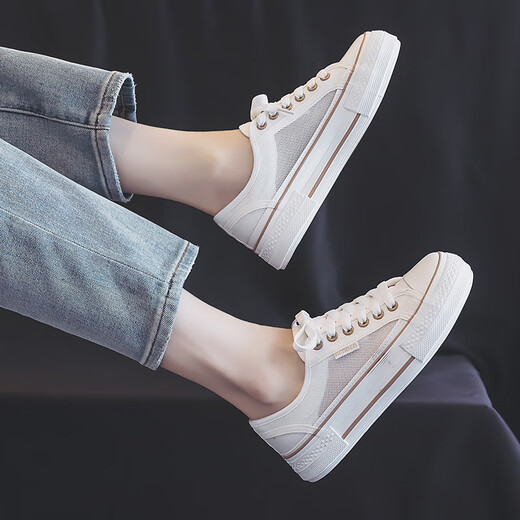 Human-born women's shoes 2024 new mesh breathable board shoes for women summer thick-soled canvas shoes for women small white shoes mesh shoes white 38 standard code
