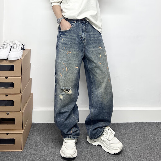 RankDavey Light Luxury High-End Brand American Fashion Fashion Fashion Microcone Jeans Retro Washing and Splashing Paint Long Long Blue_H3899 S _105-125Jin [Jin equivale a 0.5 kg]