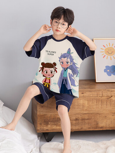 哪咤儿童睡衣青少年男孩纯棉2025新款大童家居服男童短袖短裤吸汗 N694那吒【100%纯棉】 130 【14码】125-135CM 50-60斤