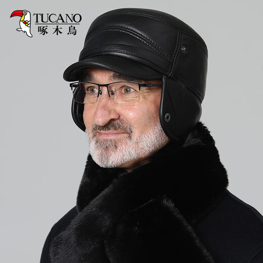 Woodpecker leather hat men's winter plus velvet warm sheepskin duck cap ear protection Lei Feng hat middle-aged and elderly flat-top baseball cap