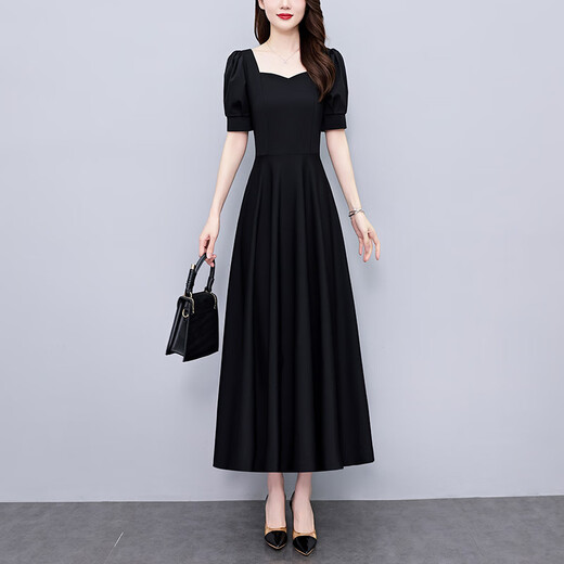Pier Cardin Black Simple Nouvelle robe pour femmes 2025 Été Nouveau tempérament mère grande taille de taille en milieu de taille jupe tendance 7170 court M