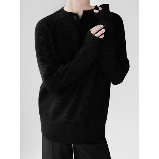 Gray American Henley Collar Sweater Men's Winter Thickened Lazy Style Bottoming Sweater Cleanfit Jacket Men's Black L