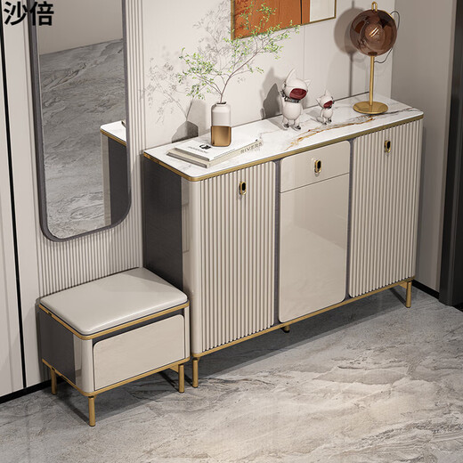 MPPMCK High-End-Luxus italienisch minimalistische Schuhschrank Leichte Luxus-Rock-Platte große Kapazität Leicht Luxus Rock Platte Schuhschrank Haushaltstür Einfacher Champagner-Rock-Plattenfarbe 12050 Schuhersatzhocker Ganze Installation