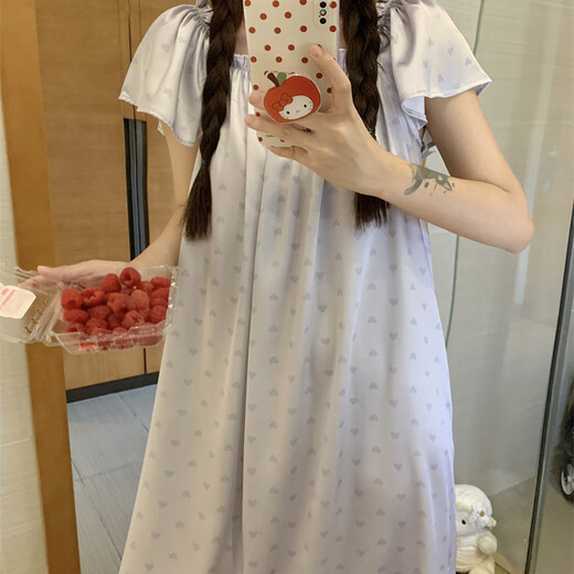山头林村夏季短袖冰丝睡裙女韩系简约公主风波点爱心睡衣仿绸家居服薄 6627#紫色爱心 M