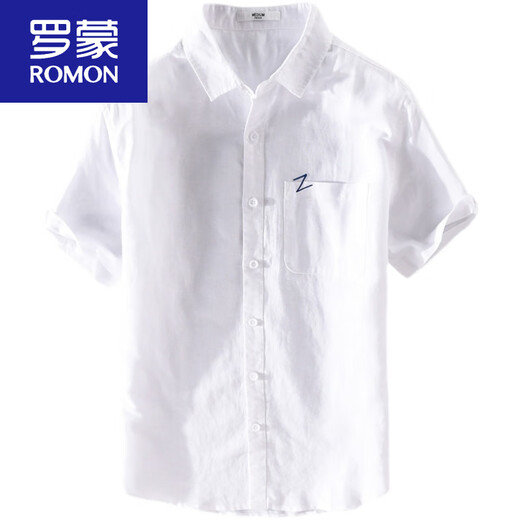 ROMON men's linen short-sleeved shirt Japanese loose thin summer youth solid color casual cotton linen shirt new product 9711 white XL 130Jin [Jin equals 0.5 kg]