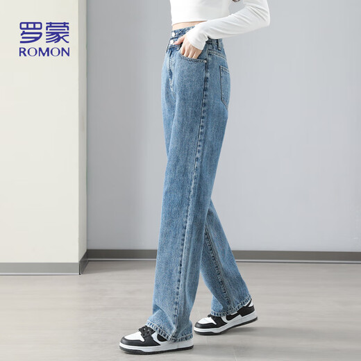
Lomon [high waist slim] jeans for women in summer double button draping loose versatile straight wide-leg pants retro blue L