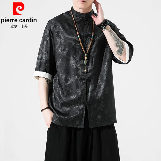 
Pierre cardin ice silk Tang suit Chinese style summer thin short-sleeved shirt men's retro loose Hanfu large-size five-point sleeve shirt A686 blue 5XL 200-230Jin [Jin equals 0.5 kg]