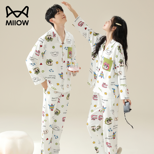 Cat Couple Pajamas Women's Pure Cotton Cartoon Autumn and Winter 25th New Product Crayon Shin-chan Long Sleeve Large Size Four Seasons Home Clothing Set