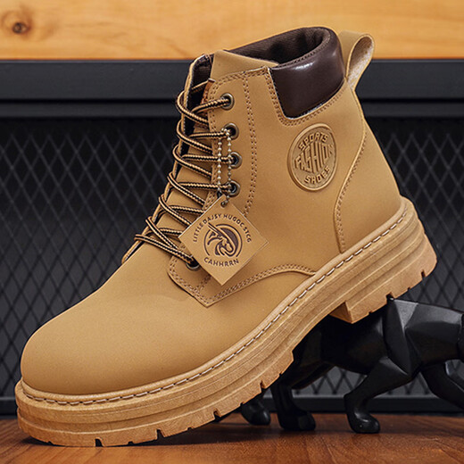 Yunshun rhubarb boots men's shoes high-top Martin boots men's Korean version versatile handsome trendy thick-soled work shoes short boots trendy shoes yellow 43