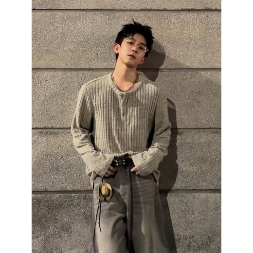 POUM old money style Henry collar long-sleeved polo shirt for men in autumn, handsome pit stripe textured knitted sweater inner top JSFS-W130 beige M