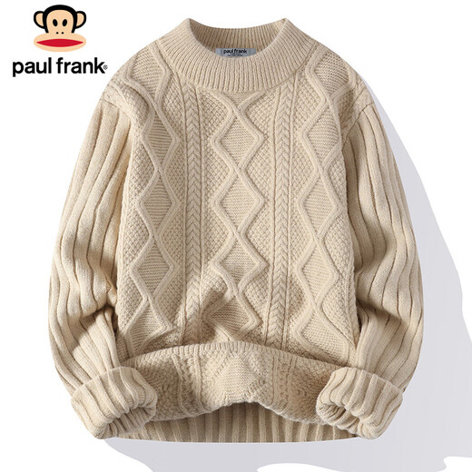 Paul Frank Sweater Men's Autumn and Winter Warm Twisted Sweater Men's Round Neck Thick Sweater Jacket Khaki XL
