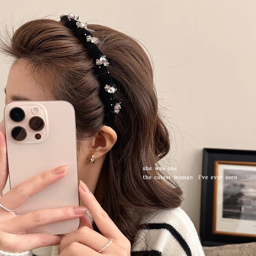 Temperament rhinestone velvet webbing tooth headband women's hair pressing face wash headband high skull top broken hair finishing artifact hair accessory black headband