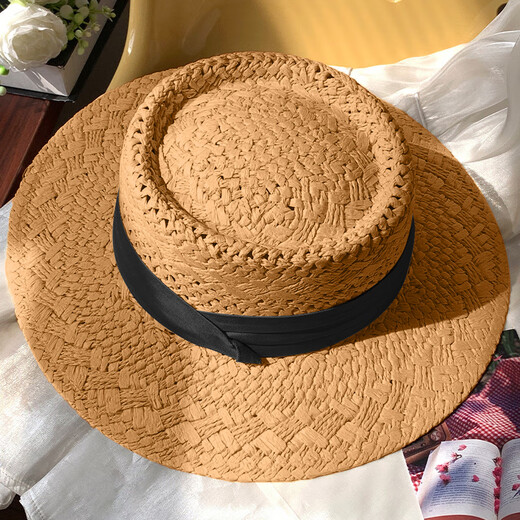 
Jin[Jin equals 0.5 kg] Muda Head Wing Straw Hat Women 2025 New French Flat Top Sun Protection Hat Seaside Holiday Knit Hollow Top Hat Large Size Hollow Concave Top Straw Hat [G39 Khaki Black Belt]