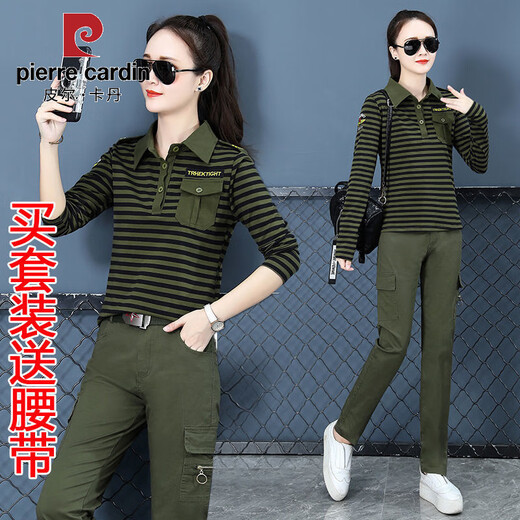 皮尔卡丹夏季迷彩服韩版休闲套装女短袖时尚大码显瘦薄款宽松运动广场舞服 条纹套装6601短袖+9230直筒裤 S 建议80-90斤