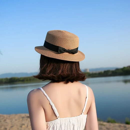 逸兼草帽女遮阳帽夏天复古平顶小清新礼帽遮阳海边度假沙滩帽子出游 【小蝴蝶结-卡其】 自带防风绳