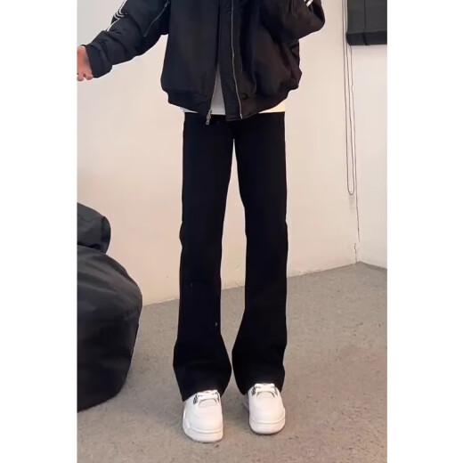 POUM黑色弯刀柳叶牛仔裤男春秋夏季款潮流显瘦美式高街直筒微喇裤子男 DFFS-701黑色 XL