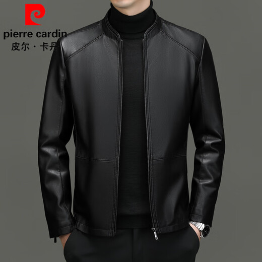 Pierre Cardin leather jacket men's winter velvet thickened warm leather jacket autumn and winter stand-up collar slim retro cycling motorcycle jacket
