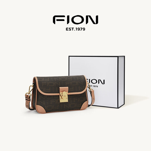 菲安妮（FION）经典老花锁扣小方包女包2025法棍包单肩斜挎包生日礼物