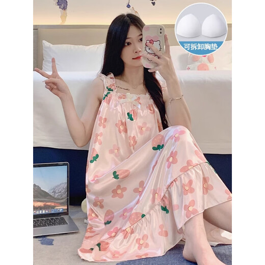 诸禄睡裙女夏季自带胸垫冰丝凉感吊带睡衣夏女士甜美可爱家居服 3887【不可拆胸垫】 M 【75-100斤】
