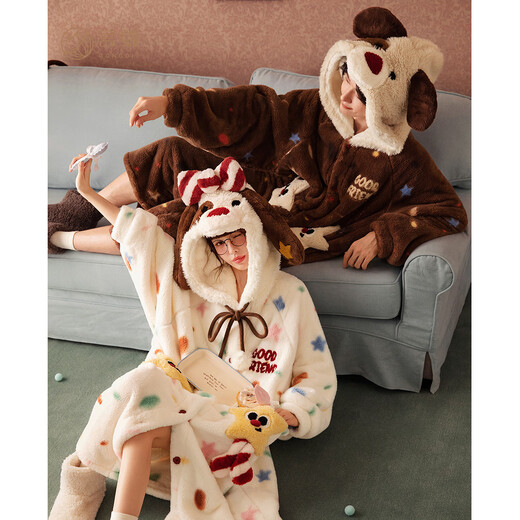Gongdie Heat Storage Autumn and Winter Couple Pajamas Women's Thickened Coral Velvet Cartoon Puppy Home Clothes Pajamas for Men Cartoon Warm Velvet Pajamas for Men L (Recommended 140-170 Jin Jin equals 0.5 kg)