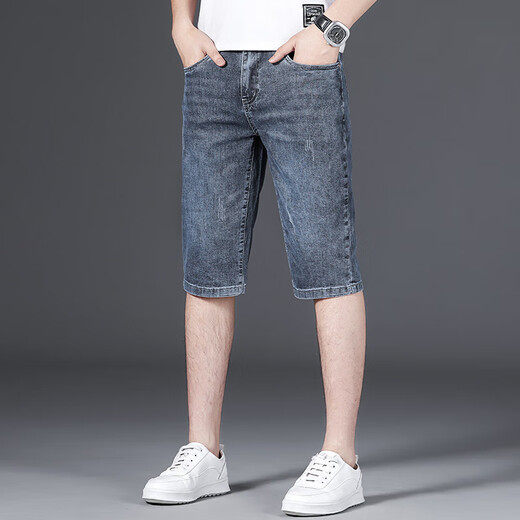 LNOC Li Ning same denim shorts for men in summer thin slim straight stretch five-point mid-sized 2025 new summer break Li Ning 679 blue 28