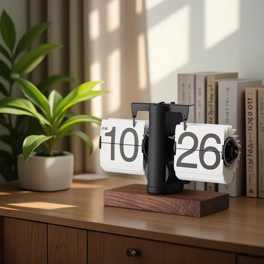 Momen mechanical automatic page-turning clock, retro Nordic simple style clock, living room personalized desktop creative ornament solid wood base clock