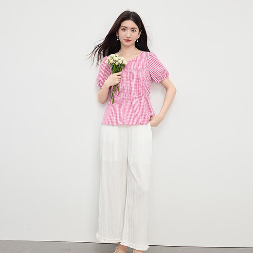 Xishi sllsky's huge and beautiful summer suit casual bubble wrinkle checked shirt white wide-leg pants two-piece set cherry blossom pink XL
