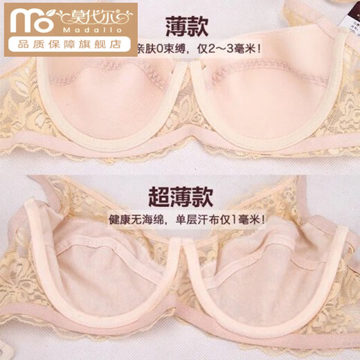 莫代尔无钢圈文胸薄款内衣聚拢蕾丝性感大胸显小无海绵女士大码胸罩 黑色 薄海绵【无钢圈】 95C 42