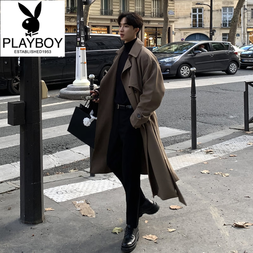 Playboy (PLAYBOY) British style windbreaker drapey mid-length coat men's spring and autumn thin coffee color Crusu coat coffee color S