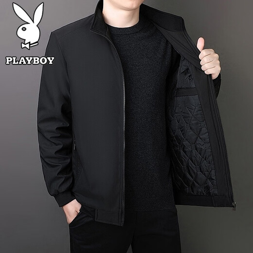 PLAYBOY Cotton Men's Autumn and Winter Jacket Cotton Large Size Men's Business Casual Windproof Stand Collar Jacket Black XL