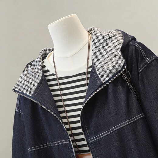 Sibaishe hooded long-sleeved denim jacket for women 2025 autumn new style fashionable simple washed loose top