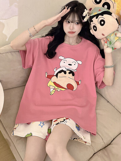 Crayon Shin-Shirt reines Baumwoll-Pyjamas für Frauen im Sommer kurzärmelig dünner Cartoon süße Schüler plus Größe Fett MM Home Kleidung