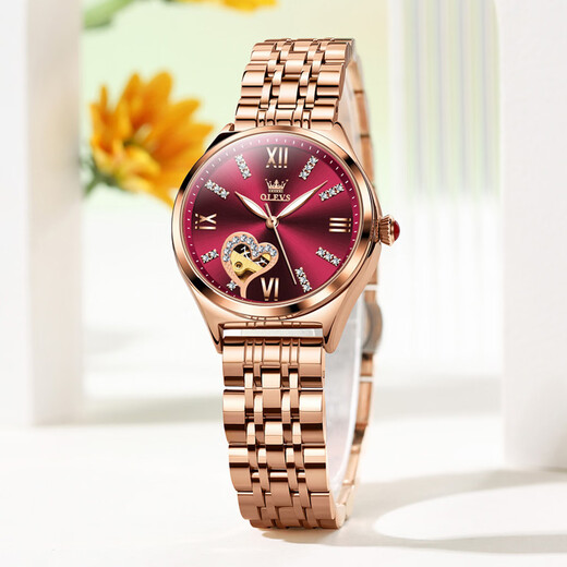 Olevs Mechanical Watch Женские полые полностью автоматические механические часы Водонепроницаемые и светящиеся женские часы с бриллиантовыми праздничными подарками [сердечный подарочный подарок] B6636SK Стальный ремень Rose 6 33 мм Диаметр циферблата:
