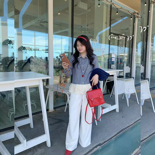 Datouting camisa de encaje con empalme a cuadros de talla grande coreana personalizada ligeramente gorda para mujeres de principios de otoño tops falsos de dos piezas de mm gordos a cuadros azules 2XL