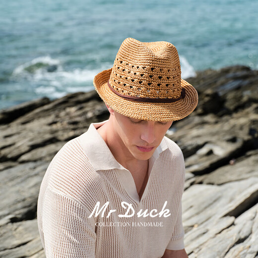Mr DUCK进口手工编织拉菲草帽男女 可折叠爵士礼帽 防晒遮阳镂空透气草帽 MS17008-棕色 L码（适合60CM及以上头围）