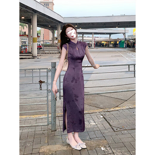 Jin Jin is equal to 0.5 kg. Mu Furong Purple Satin Improved Cheongsam Women's New Chinese Style National Style Whitening, Beautiful and Slim Temperament Long Dress M (80-95 Jin Jin is equal to 0.5 kg)