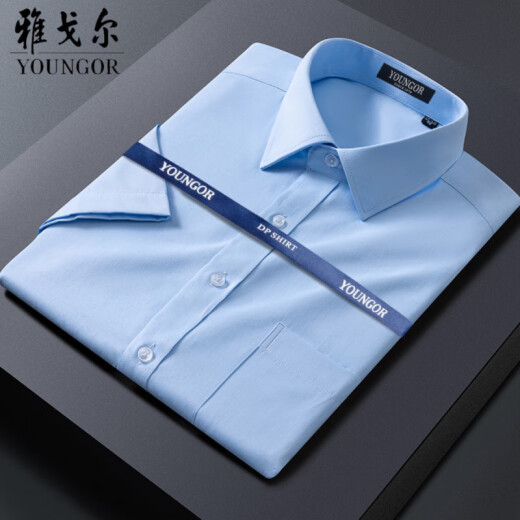雅戈尔男士短袖衬衫商务休闲职业正装棉免烫纯色白衬衣 DX6626 蓝格子 38