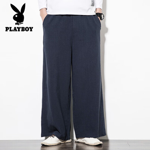 Playboy (PLAYBOY) Chinese style men's linen pants loose cotton linen wide-leg pants skirt retro large size harem pants spring and summer straight men's pants black 5XL size
