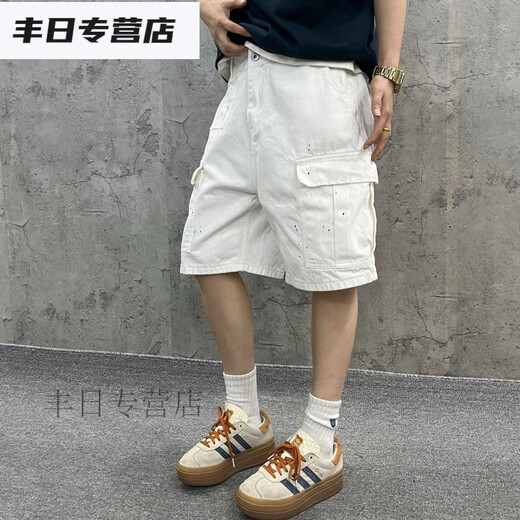 TYBURN尹小鸡 重磅水洗宽松工装大口袋白色竹节牛仔短裤五分裤男女1049 白色 M 【90-110】