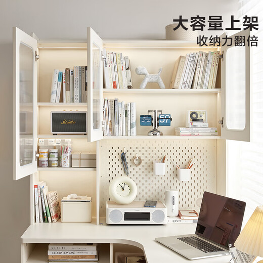 Quanyou Home Cream Style Corner Desk and Bookshelf Combination Small Apartment L-shaped Computer Desk with Storage Cabinet Off-White | Forward Desk Rack