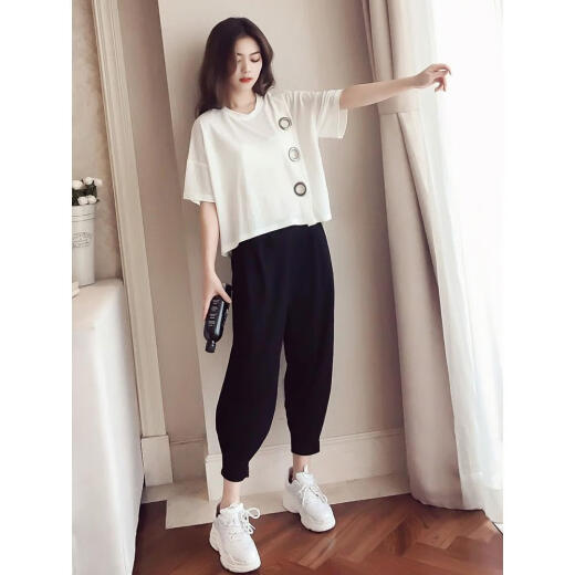 大码女装胖mm哈伦裤套装2025春夏新款洋气显瘦遮肚运动休闲两件套 黑色9928 M 建议80-100