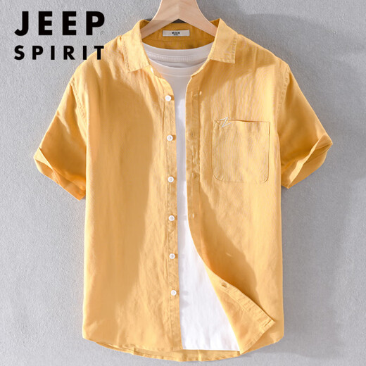 JEEP SPIRIT男士亚麻翻领短袖t恤宽松衬衫领上衣服有带领T棉麻料体恤麻布夏装 yunyi-9711蓝色 3XL
