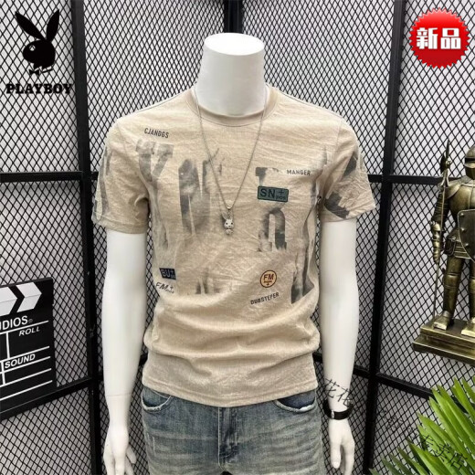 花花公子（PLAYBOY）纯棉短袖t恤男2023夏新款男士满身卡通印花半袖洋气小众百搭 829黑色 M