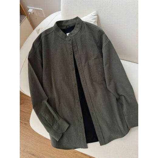 New Chinese style cotton and linen textured long-sleeved shirt for men in autumn Henry collar cardigan shirt drapey retro lazy jacket black upgraded version M
