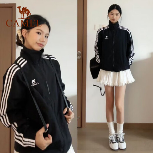 Camel all-terrain windbreaker for men 25 new autumn and winter outdoor water-repellent sports retro stand-up collar jacket for women C35CABH040, phantom black, unisex L